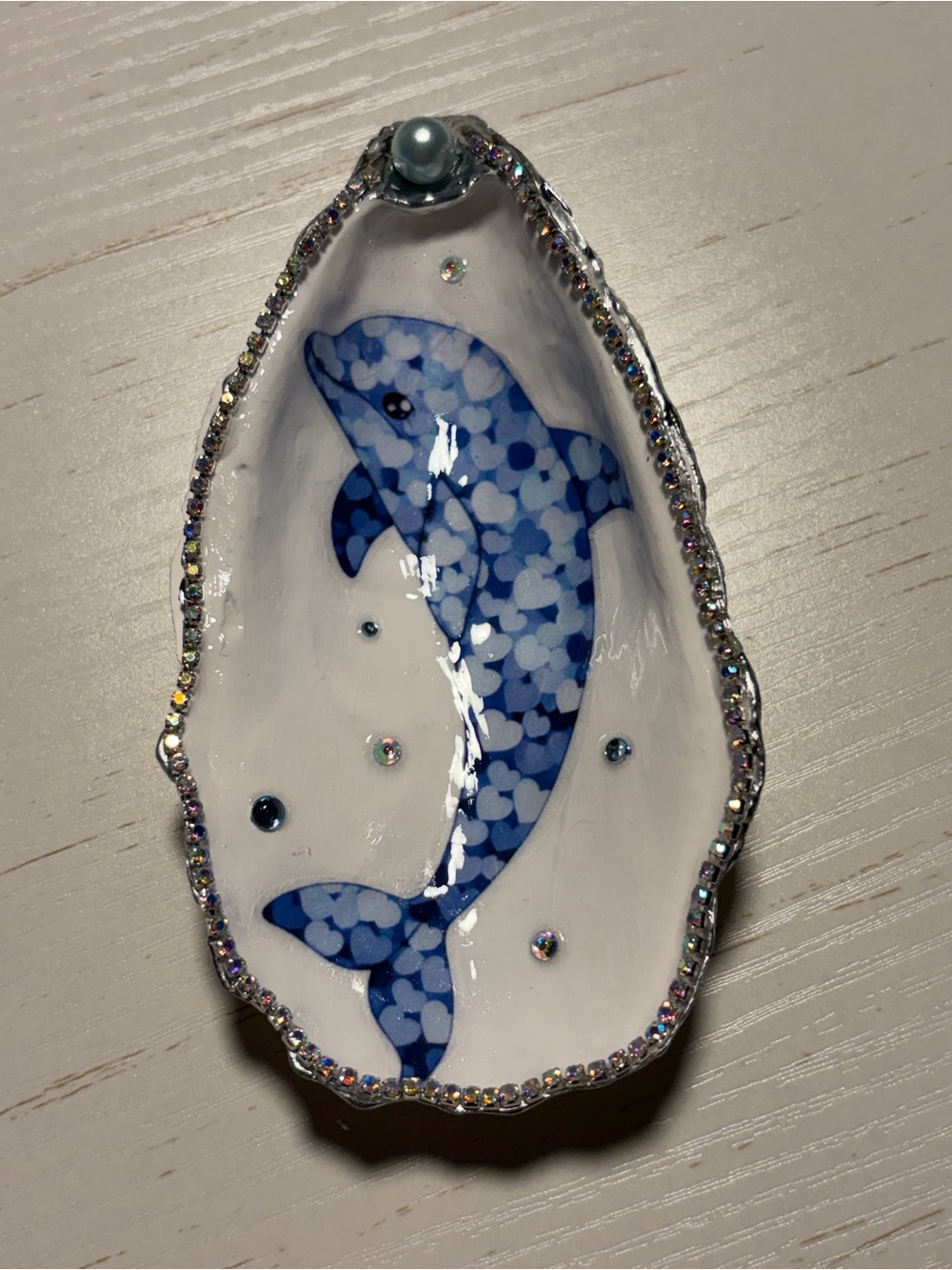 Handmade blue dolphin decoupage oyster shell trinket dish with pearl